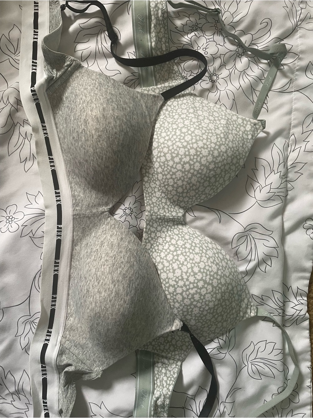 PINK Victoria's Secret Set of 2 Heather Gray and Sage Floral T-Shirt Bras